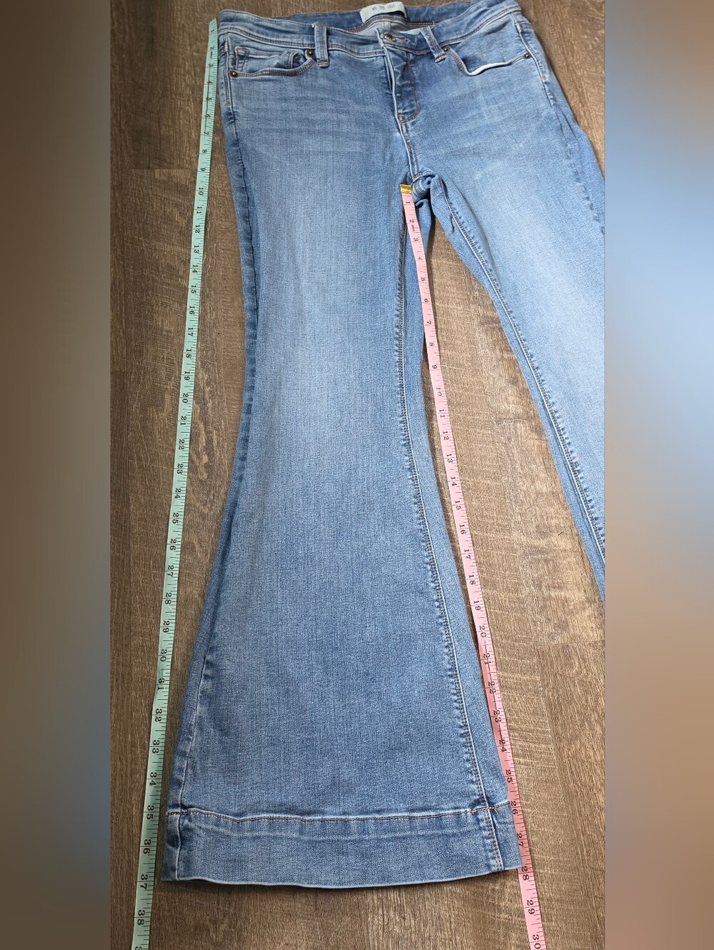 We The Free Flare Jeans Thick Cuff Womens 29 Med Light Wash Stretchy Mid Rise - Picture 10 of 13